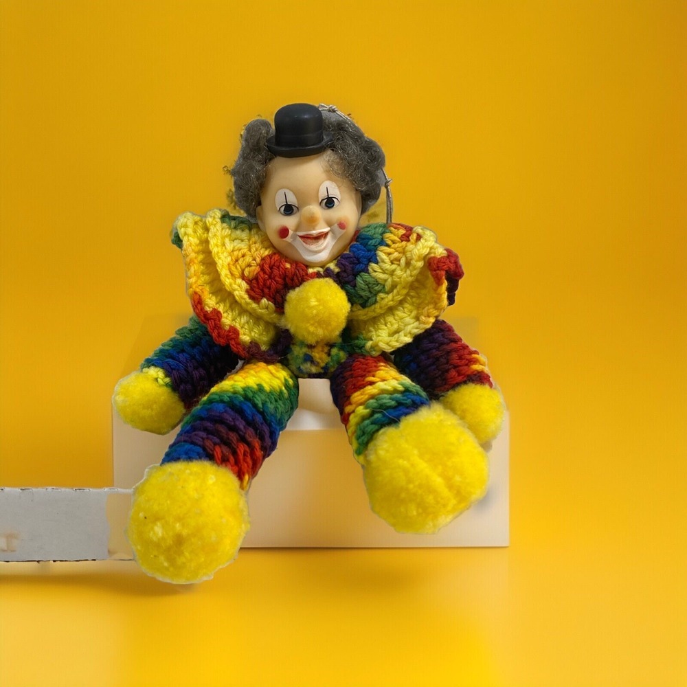 Vintage Circus Clown 1970's Era Hand Made Crocheted Knit Yarn Doll With Top‎ Hat